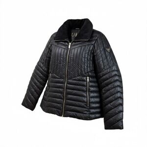 GUESS Black Quilted Puffer Jacket Faux Fur Collar‎ Lightweight Coat Women's L